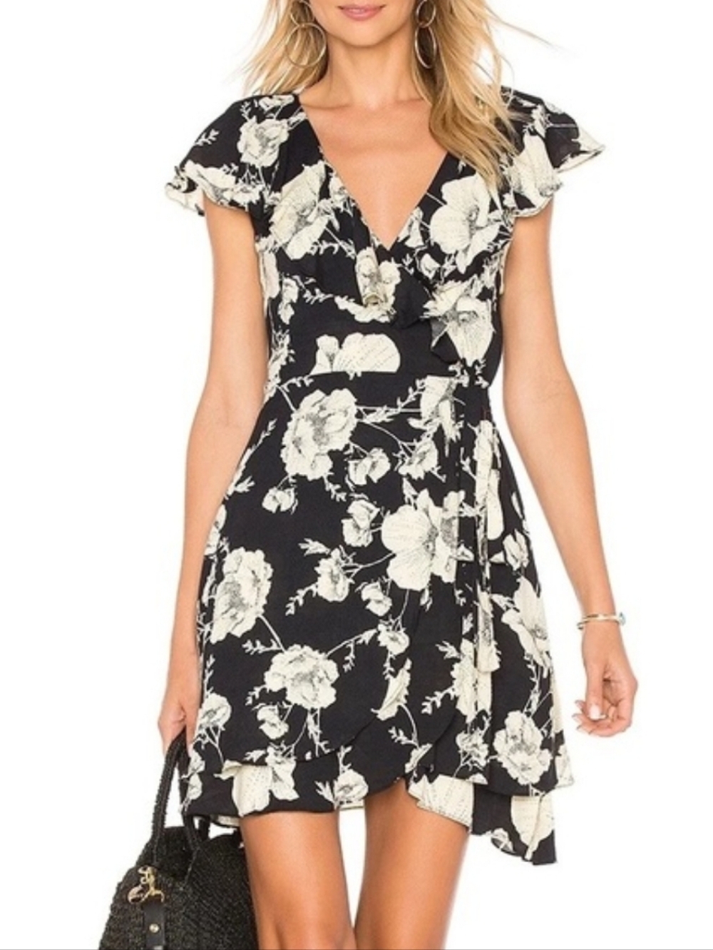 Free People Black & Cream Floral Wrap Mini